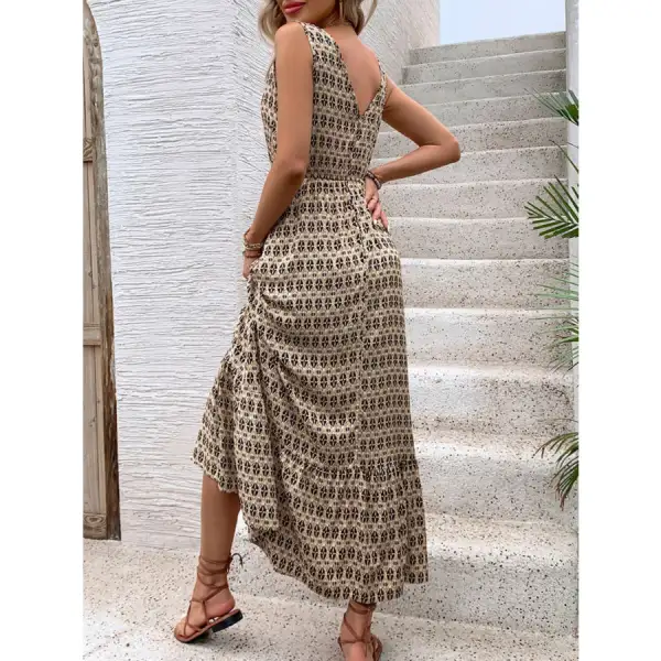 Printed V-neck Tie Waist Midi Dress