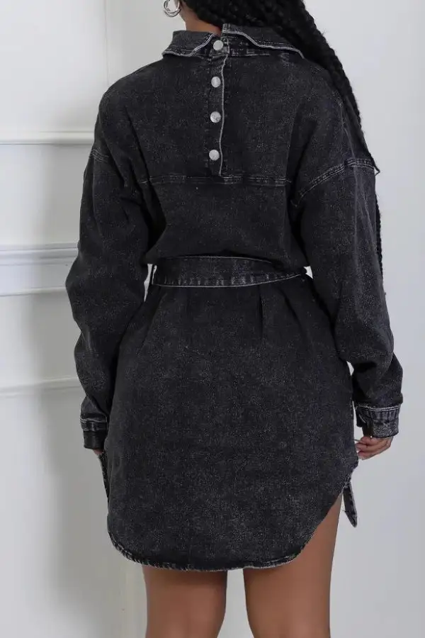 Denim Casual Single-Breasted Belted Mini Dress