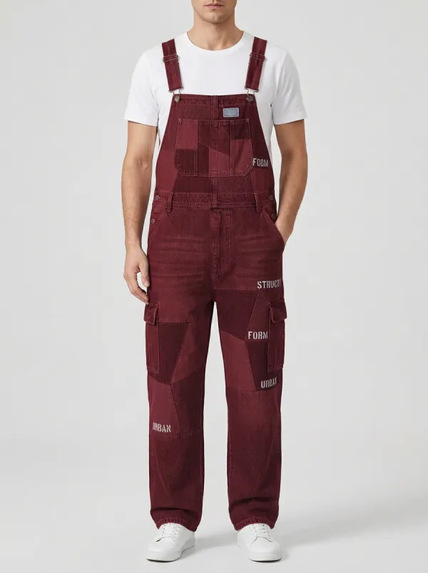Patchwork Denim Graphic Text Overalls
