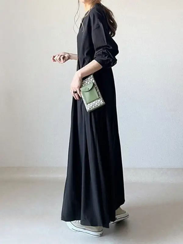 Pleated Long Neck Shirt Maxi Dress
