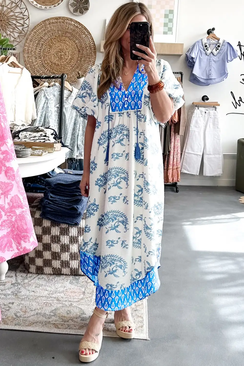 Floral Patchwork V Neck Midi Dress