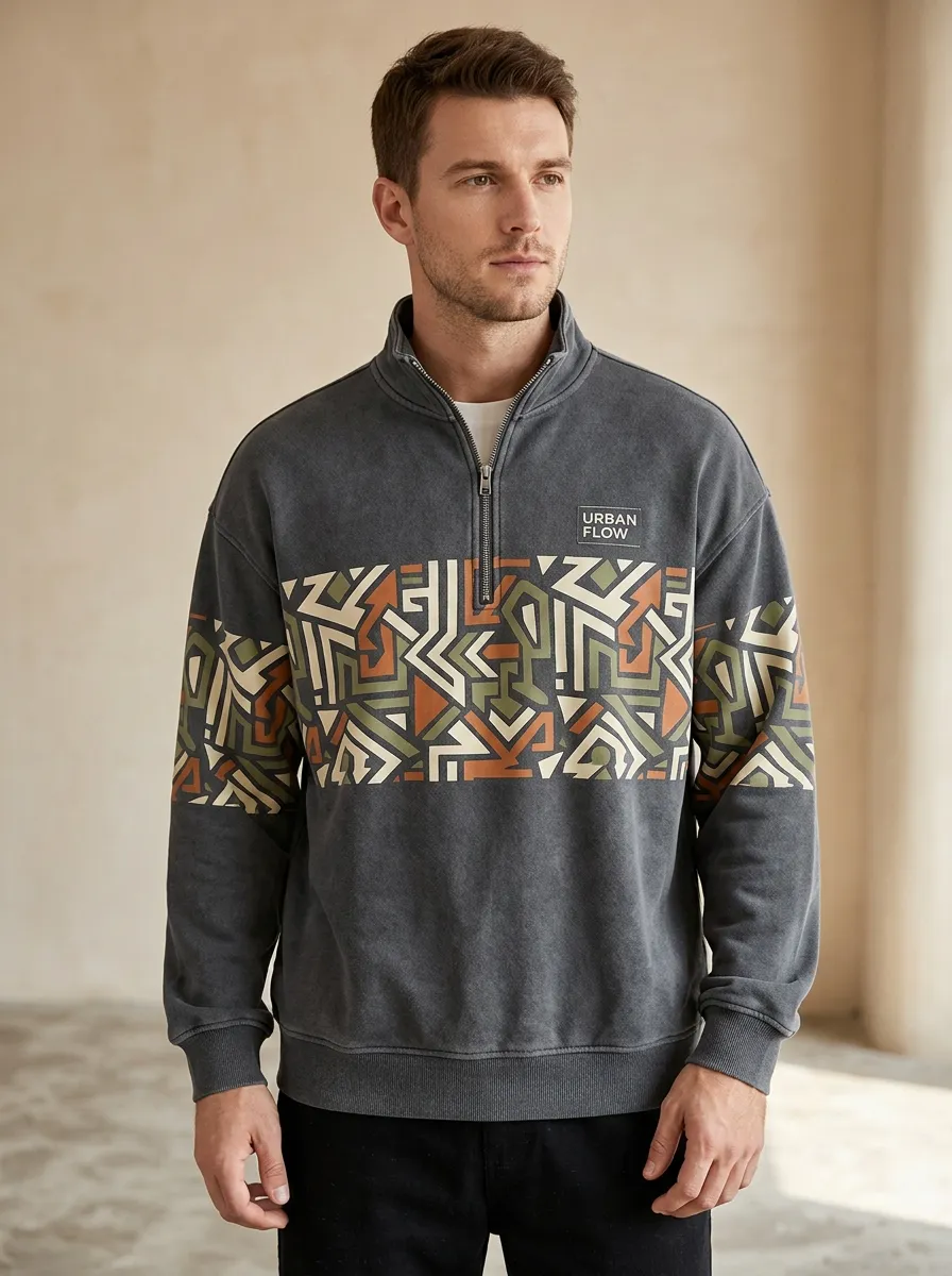 Layered Half-Zip Geometric Men's Half-Zip Sweatshirt