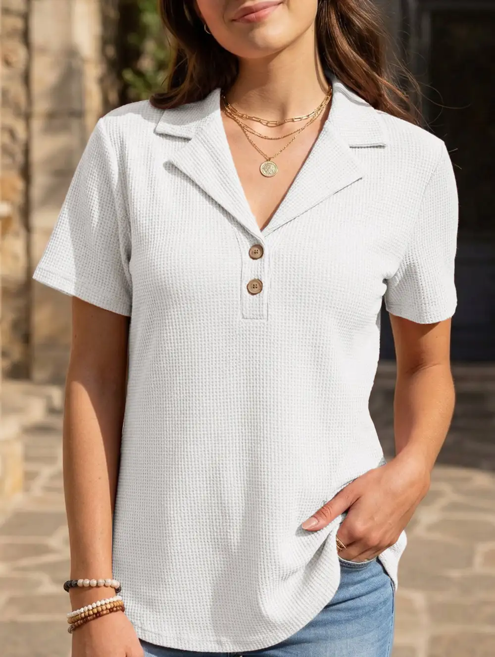 Lapel Waffle Knit Short Sleeve Top