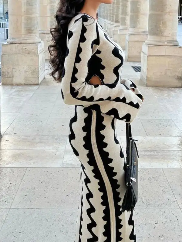 Waisted Printed Long Neck Maxi Dress