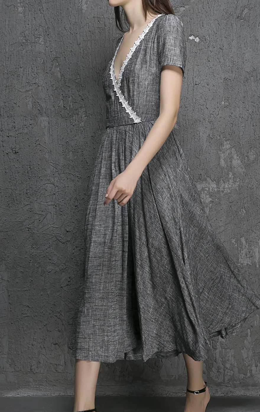 Refined Linen Fit And Flare Short Sleeve Midi Dress