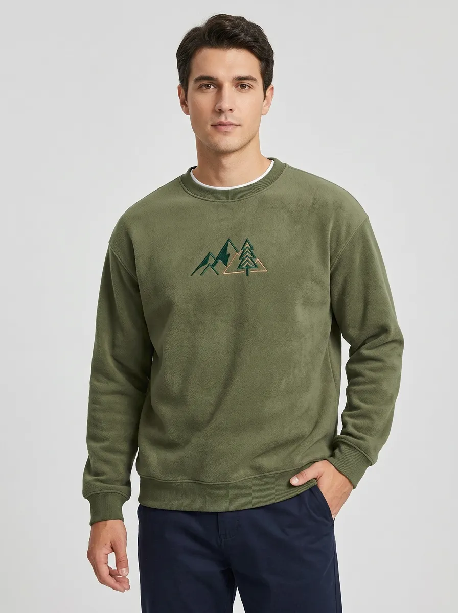 Men's Olive Green Outdoor Mountain Pine Tree Fleece Sweatshirt