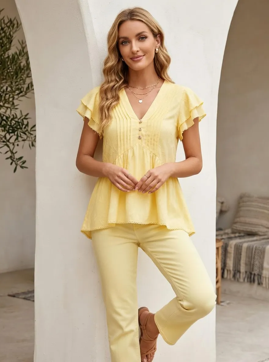 Boho Leaf Pattern Printed V-Neck Peplum Top