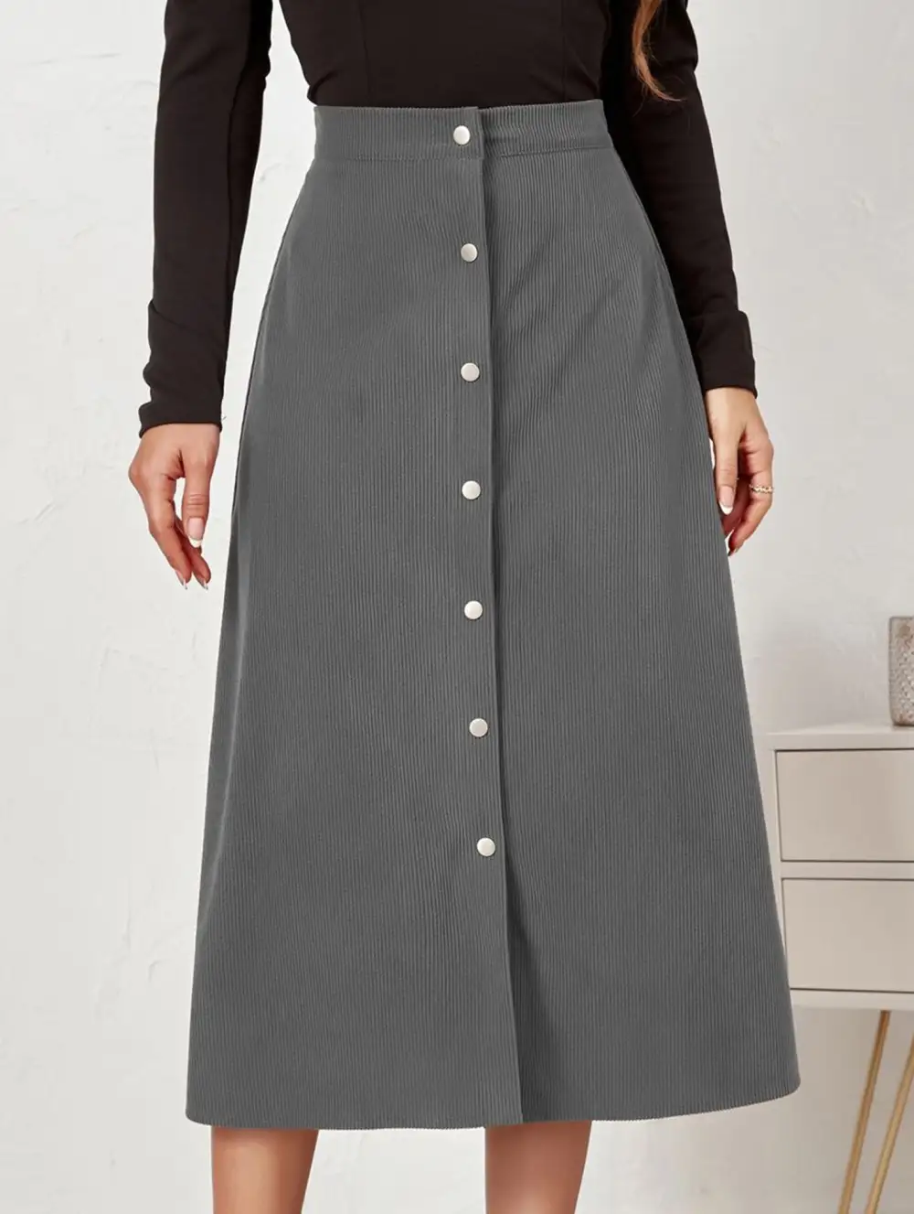 Corduroy Button Front Midi Skirt
