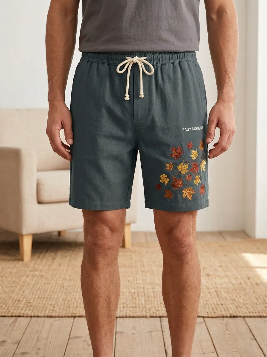 Olive Embroidered Leaf Detail Drawstring Shorts