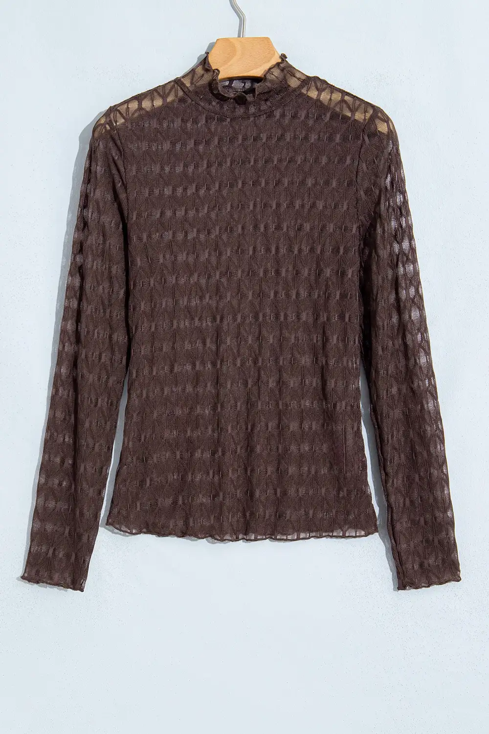 Western Print Stand Neck Mesh Fitted Long Sleeve Top