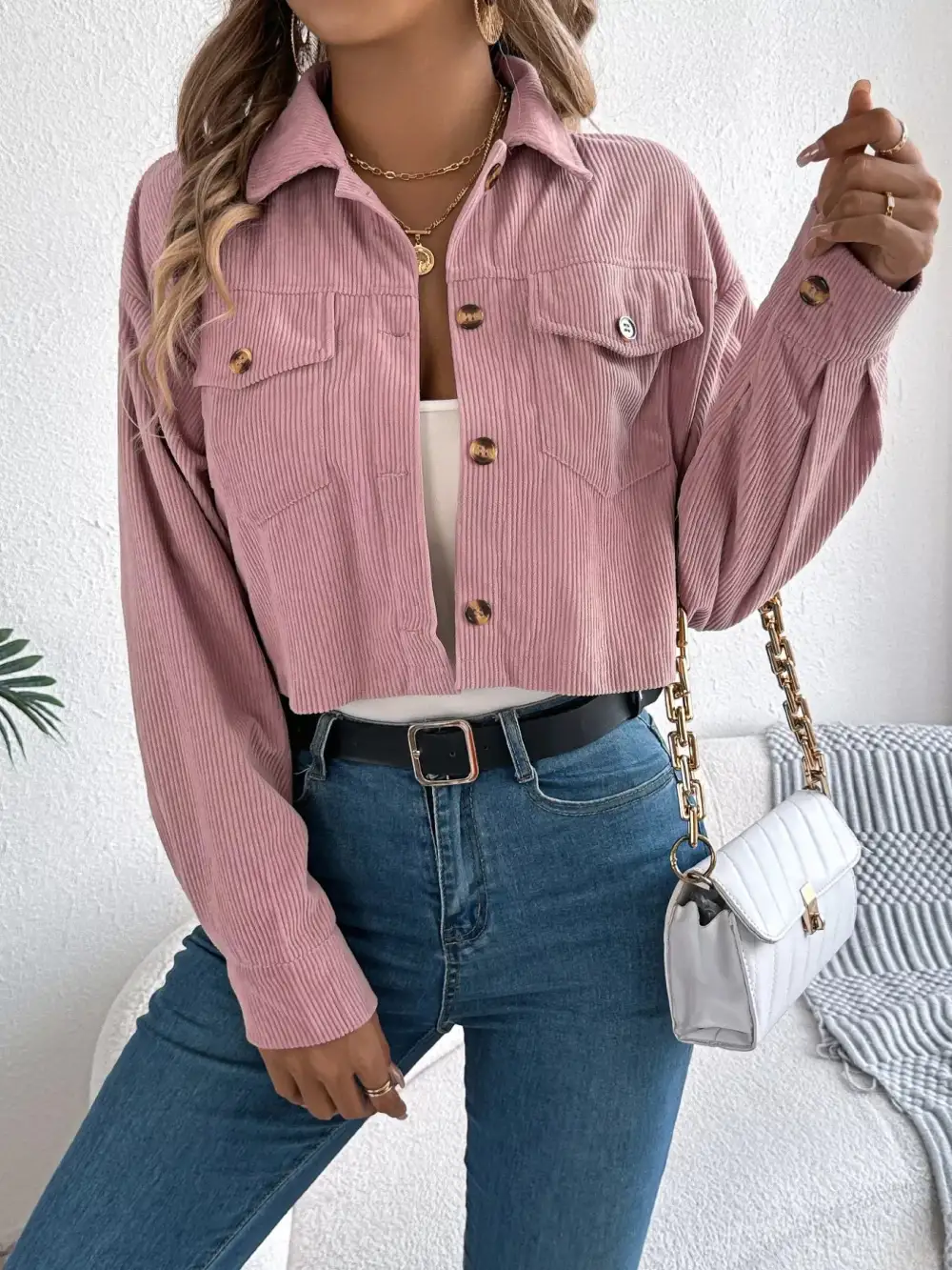 Corduroy Button-up Dropped Shoulder Jacket
