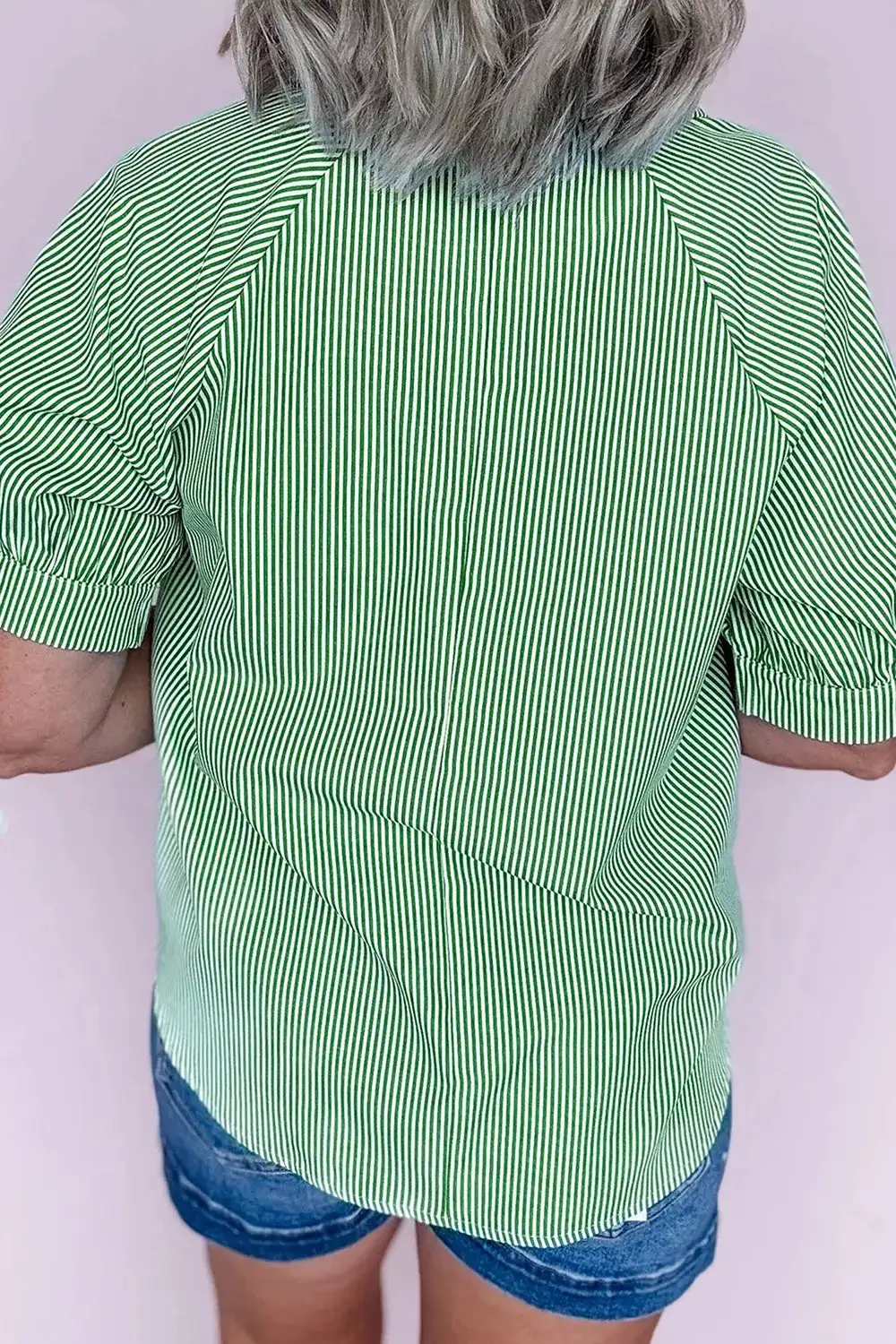 Striped Print Collared Split Neck Half Sleeve Blouse