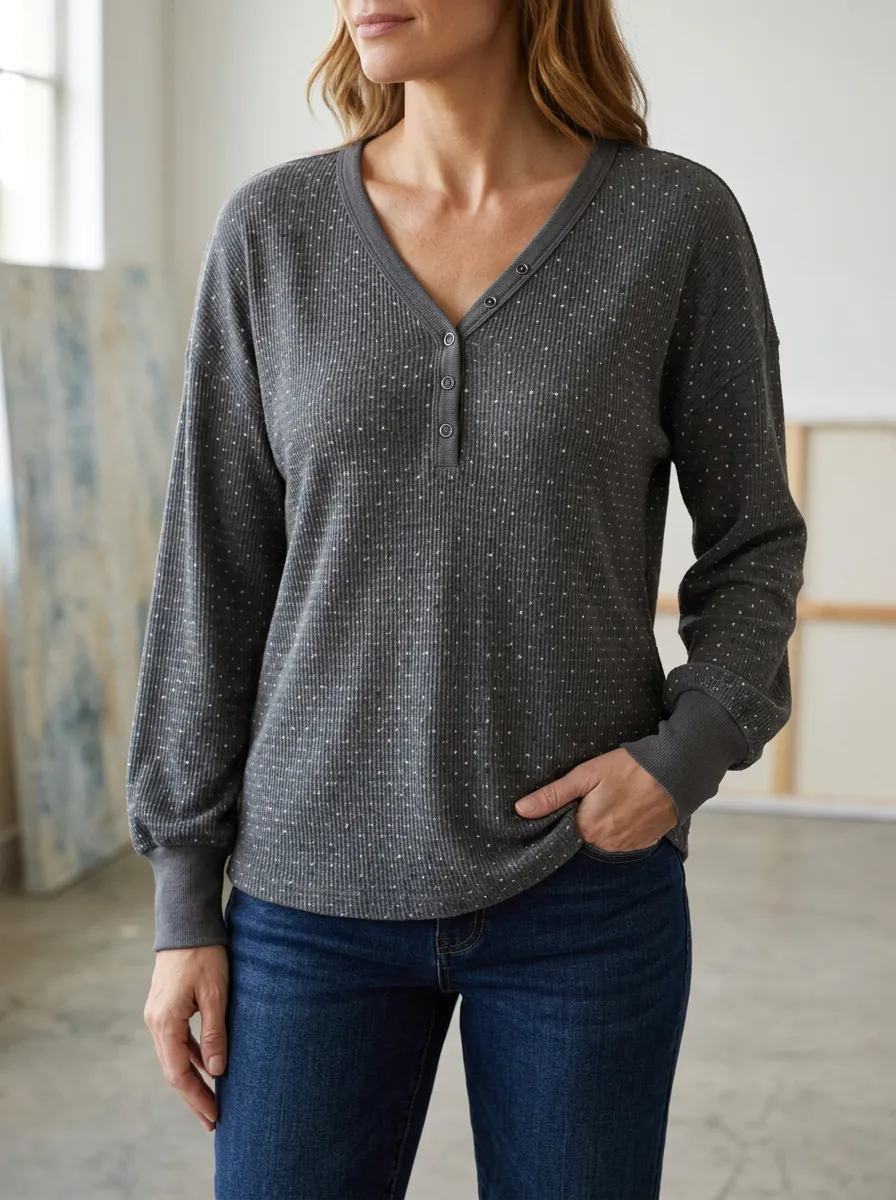 Women's Casual Polka Dot Waffle Knit Button Henley Top