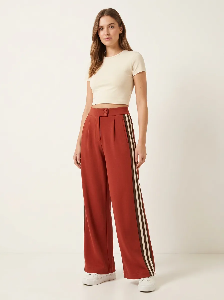 Women's High-Rise Double-Button Pleated Side-Stripe Wide-Leg Trousers