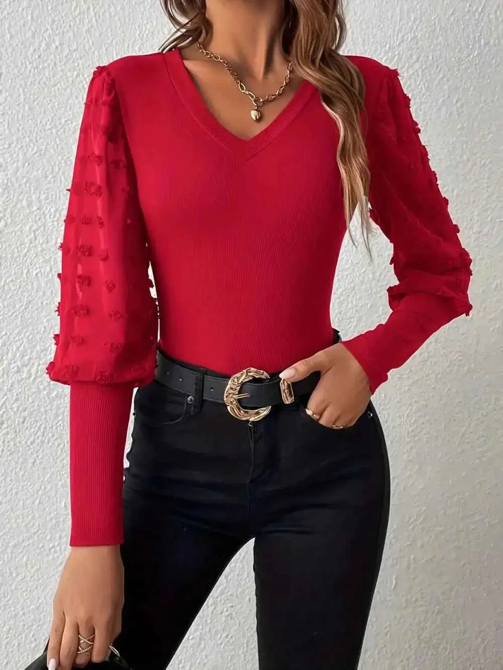 Dot Texture V-Neck Long Sleeve Top