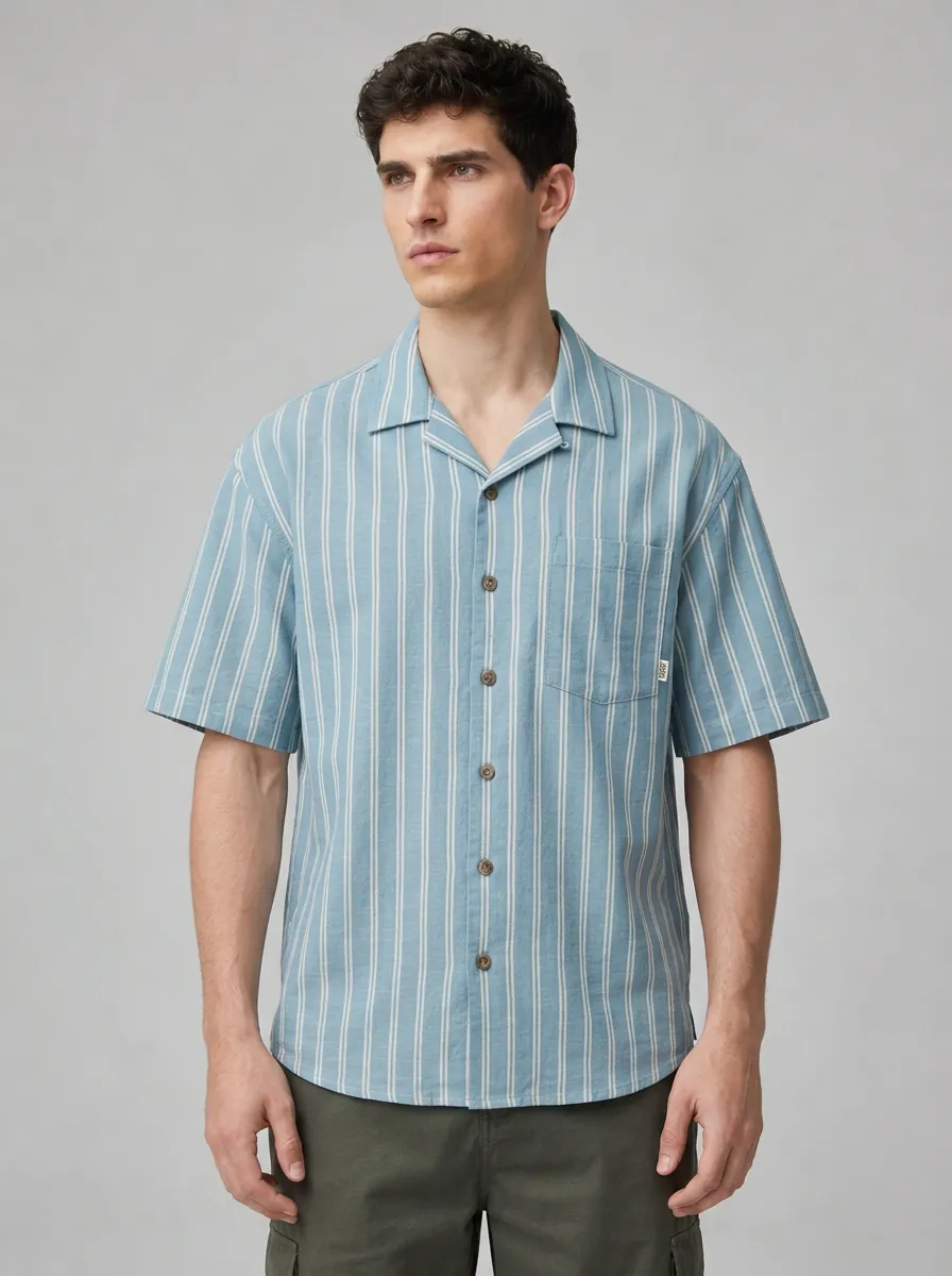 Men's Blue Striped Camp Collar Short Sleeve Shirt