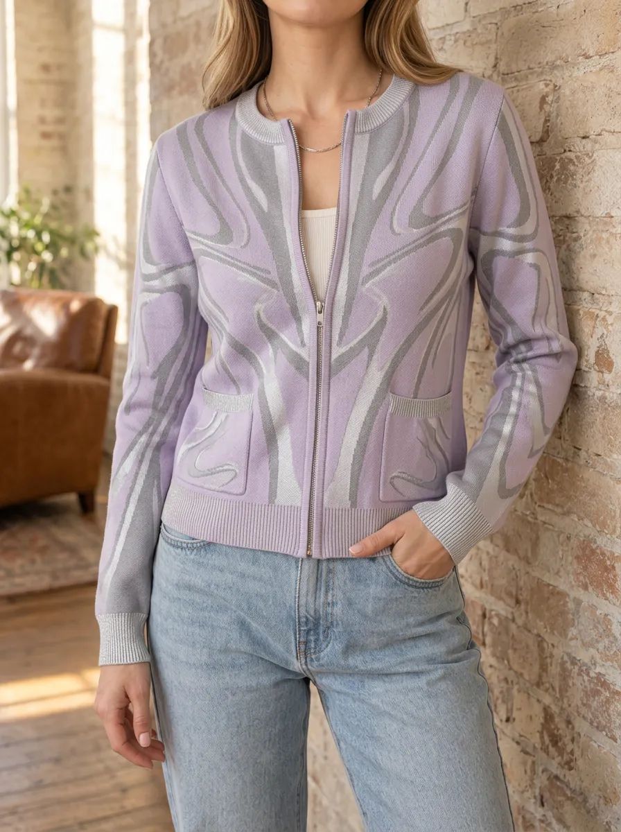Women's Abstract Swirl Pattern Printed Zip-up Ribbed Trim Casual Layering Cardigan