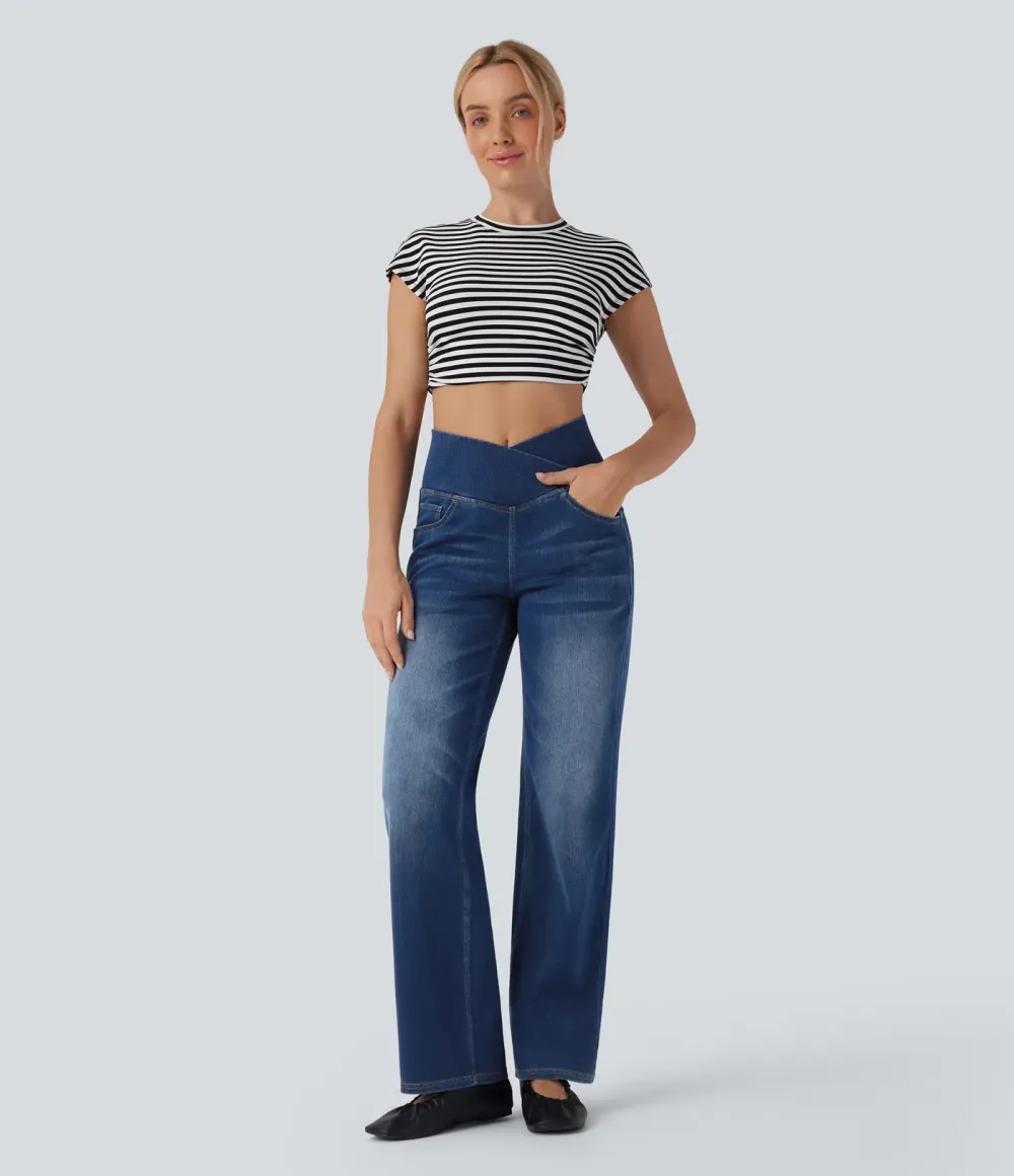 High-waisted, relaxed, crossover straight-leg jeans with  pockets