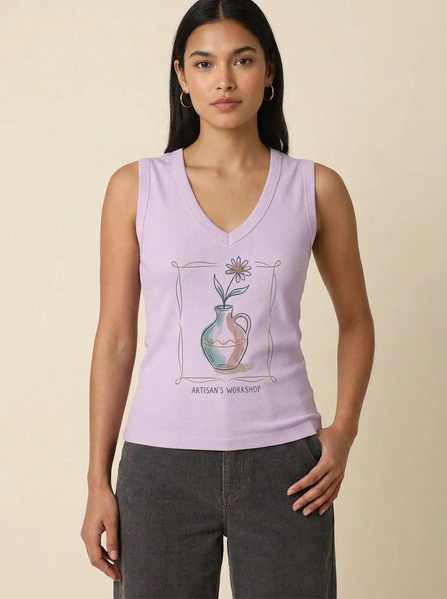 Women's Floral Vase Artisan's Workshop Graphic V-neck Tank Top