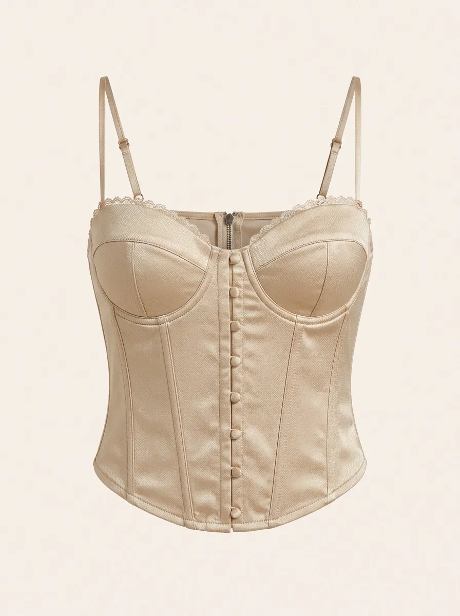 Satin-Style Sheer-Panel Button-Front Women's Corset Top