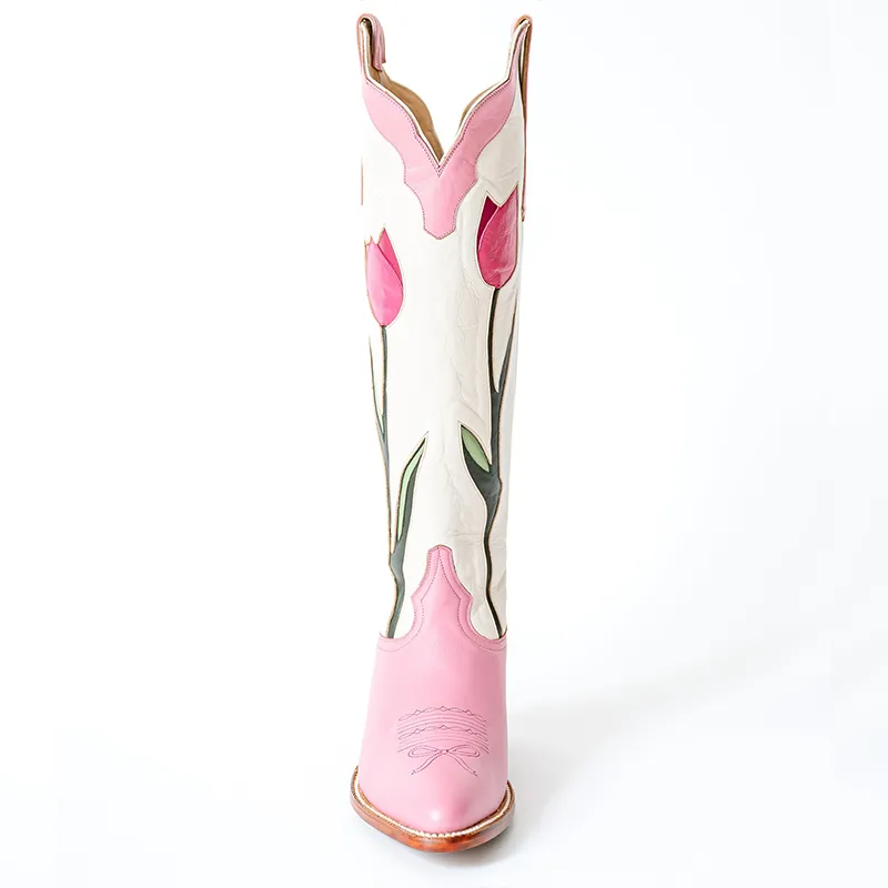 Faux-Leather Floral Patchwork Chunky-Heel Knee-High Boots