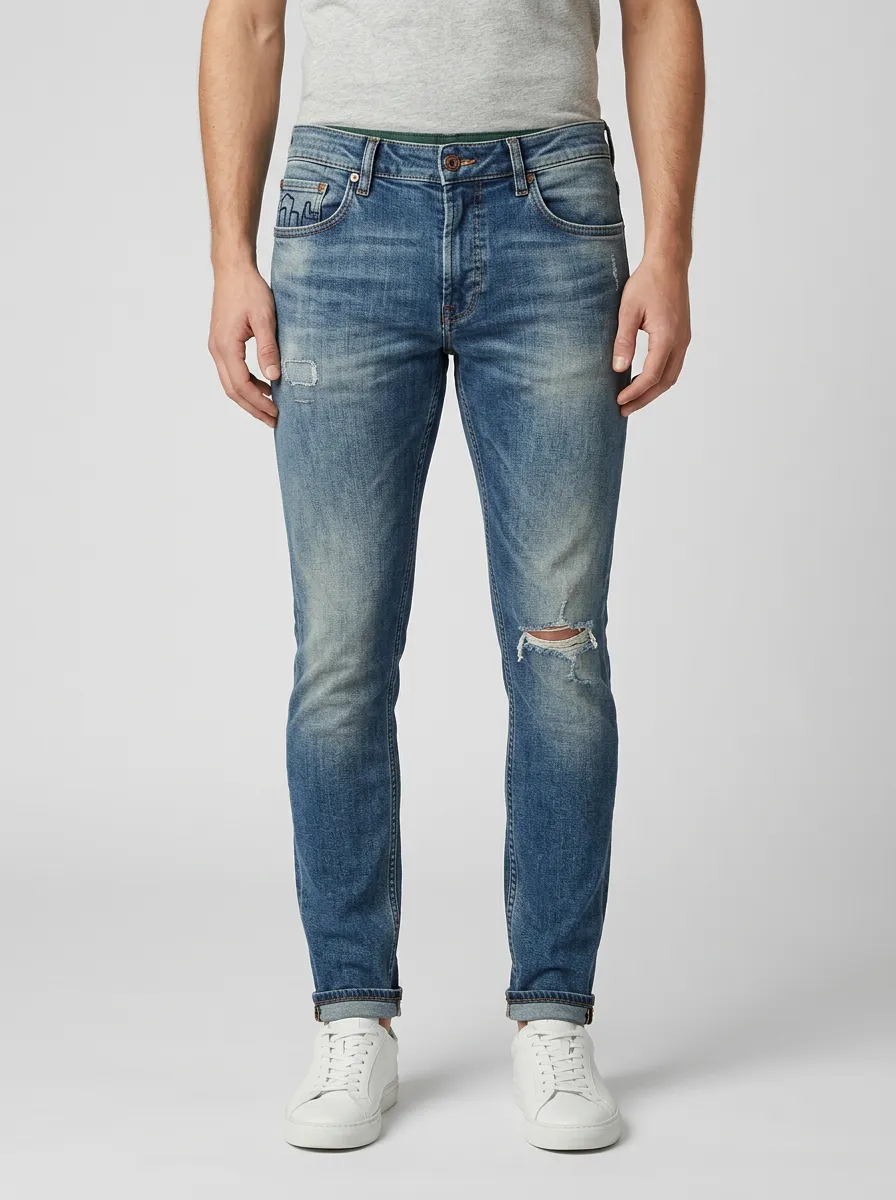 Men's Mid-Blue Distressed Faded Blue Ripped Slim Fit Jeans