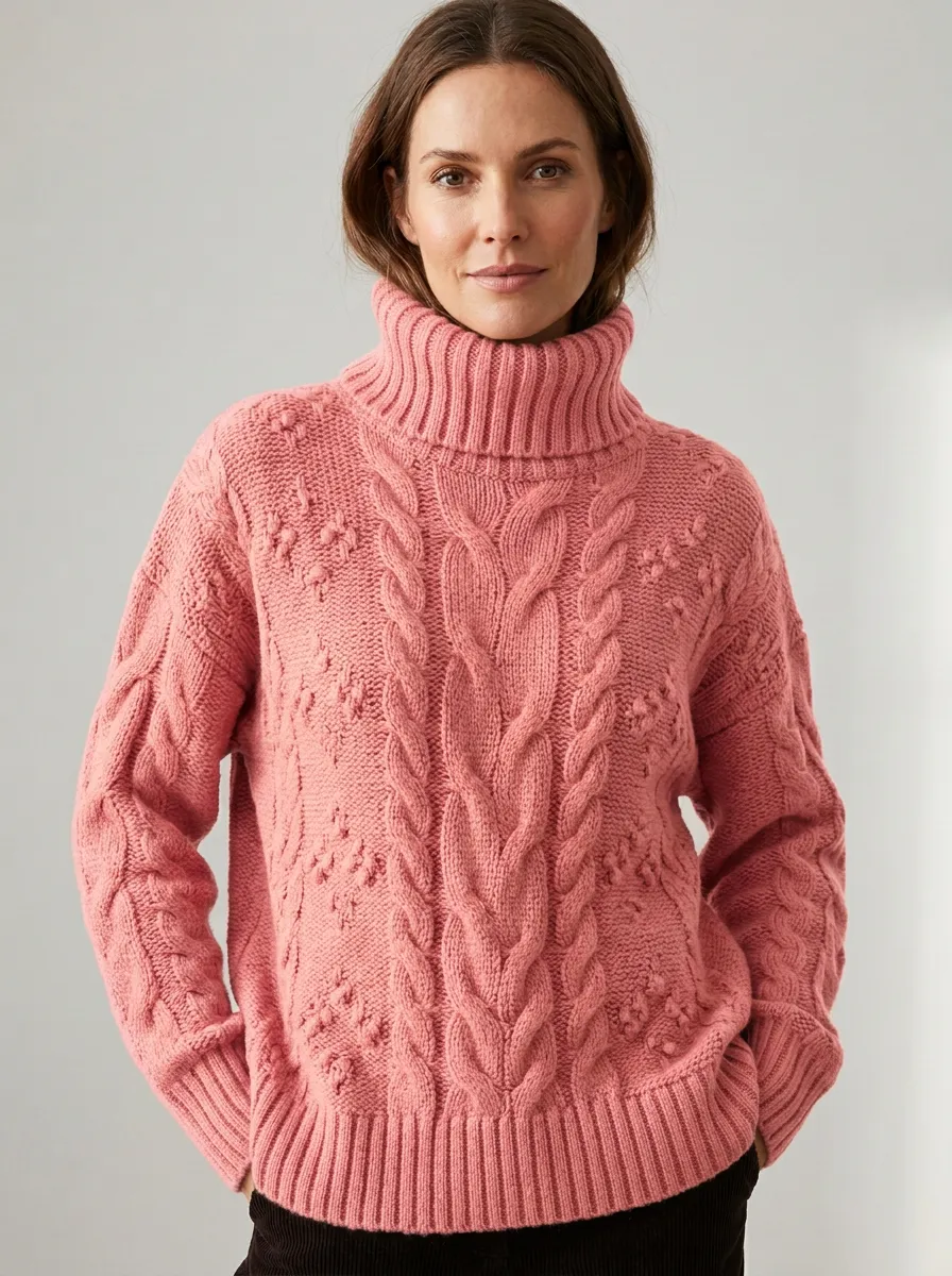 Women's Rust Orange Cable Knit Textured Turtleneck Sweater