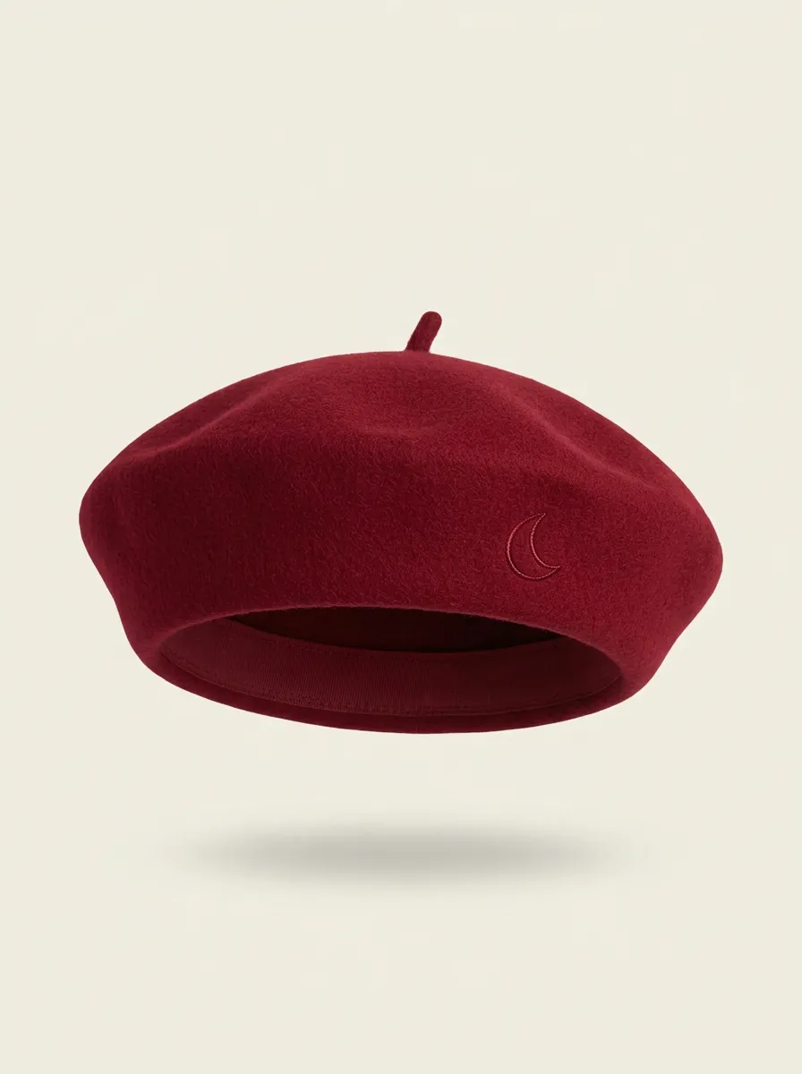 Unisex Aesthetic Moon Embroidered Wool Beret