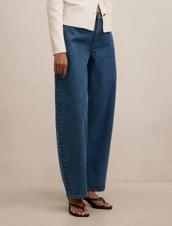 Blue Petite Mid-Rise Barrel Leg Jeans
