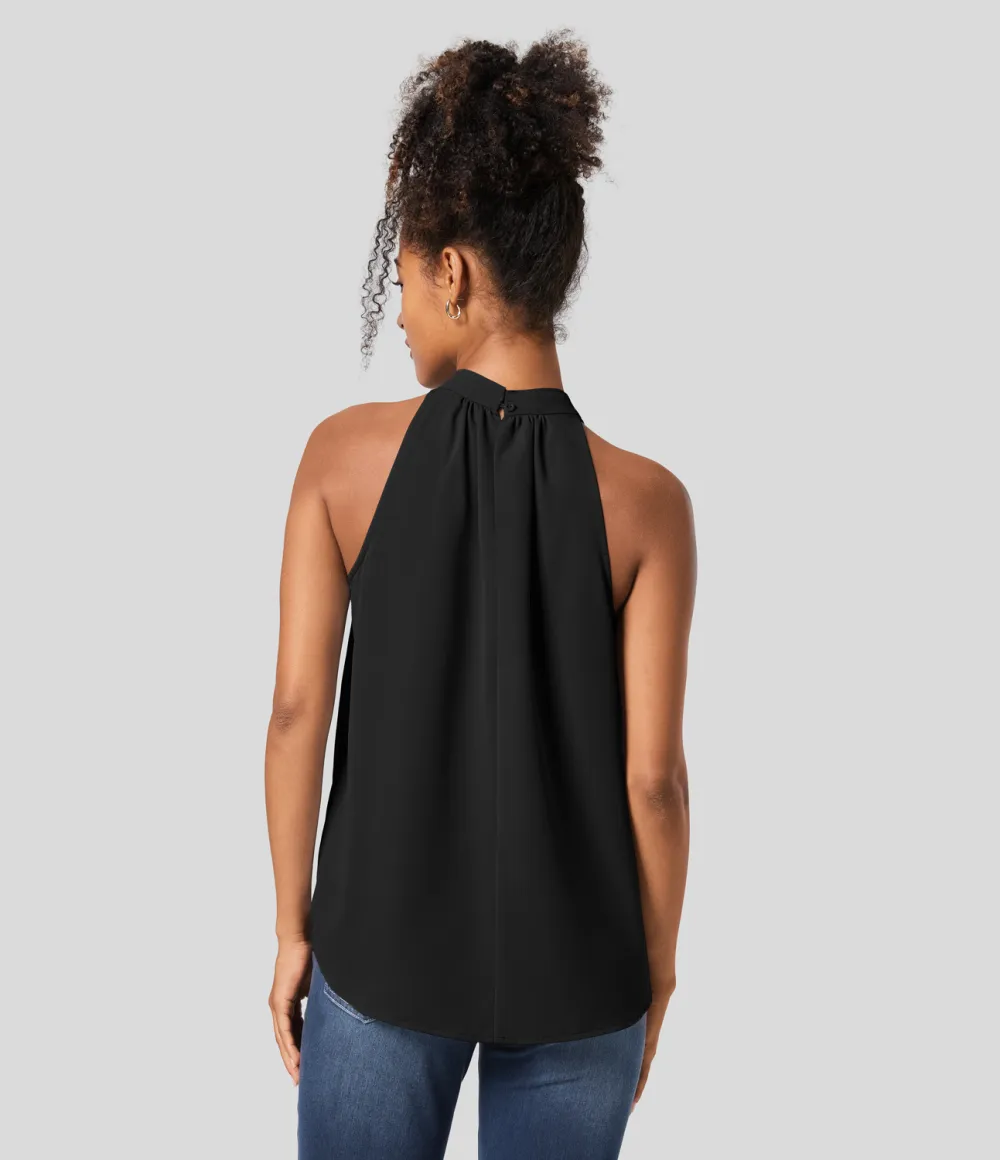Keyhole Back Halter Plicated Sleeveless Curved Hem Work Blouse