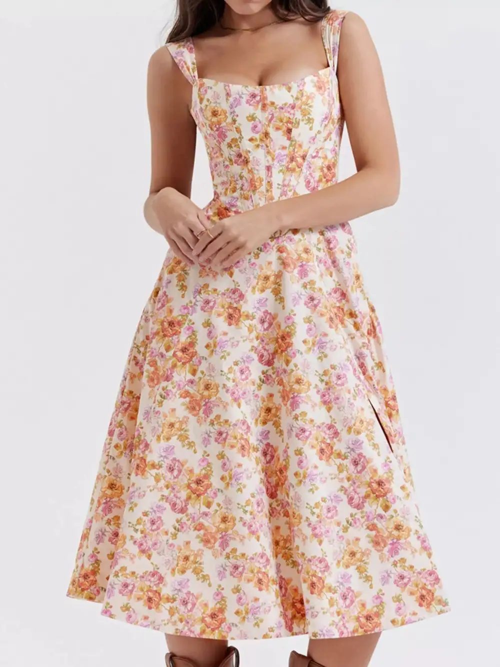 Drape Floral Printed Slit Midi Dress