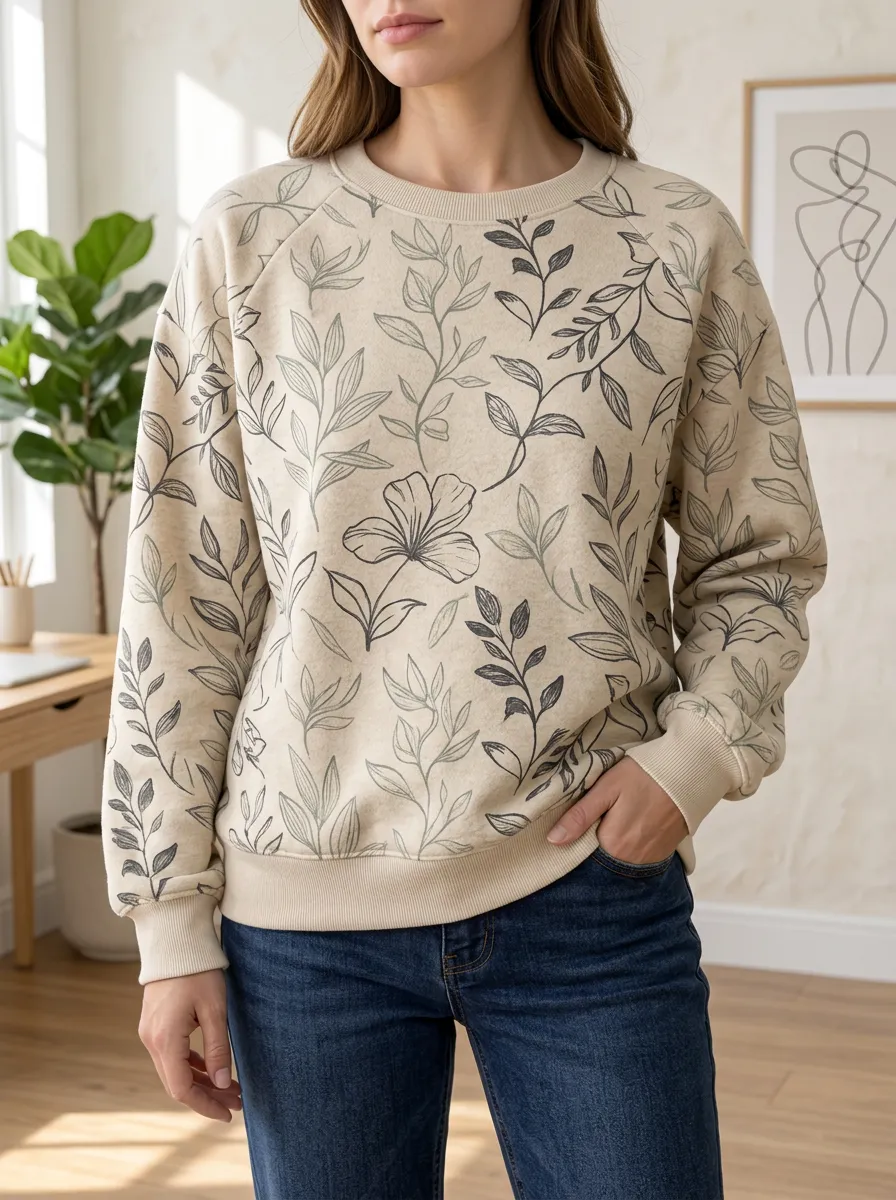 Women's Botanical Nature Lover Floral Leaves Printed Fleece Sweatshirt