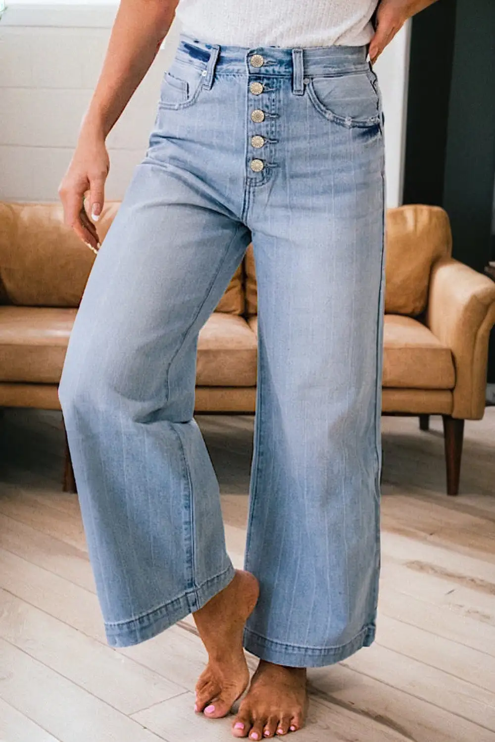 Women's Multi Buttons Pinstripe Wide Leg Jeans