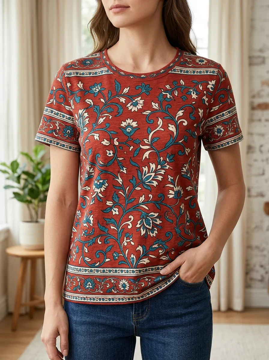 Women's Boho Floral Vine Pattern Printed T-shirt