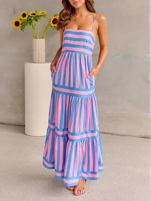 Striped Pleated Sleeveless Neck Maxi Dress