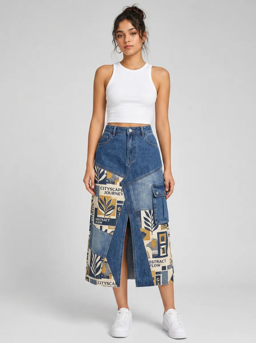 Women's Abstract Botanical Patchwork Printed Denim Cargo Midi Skirt
