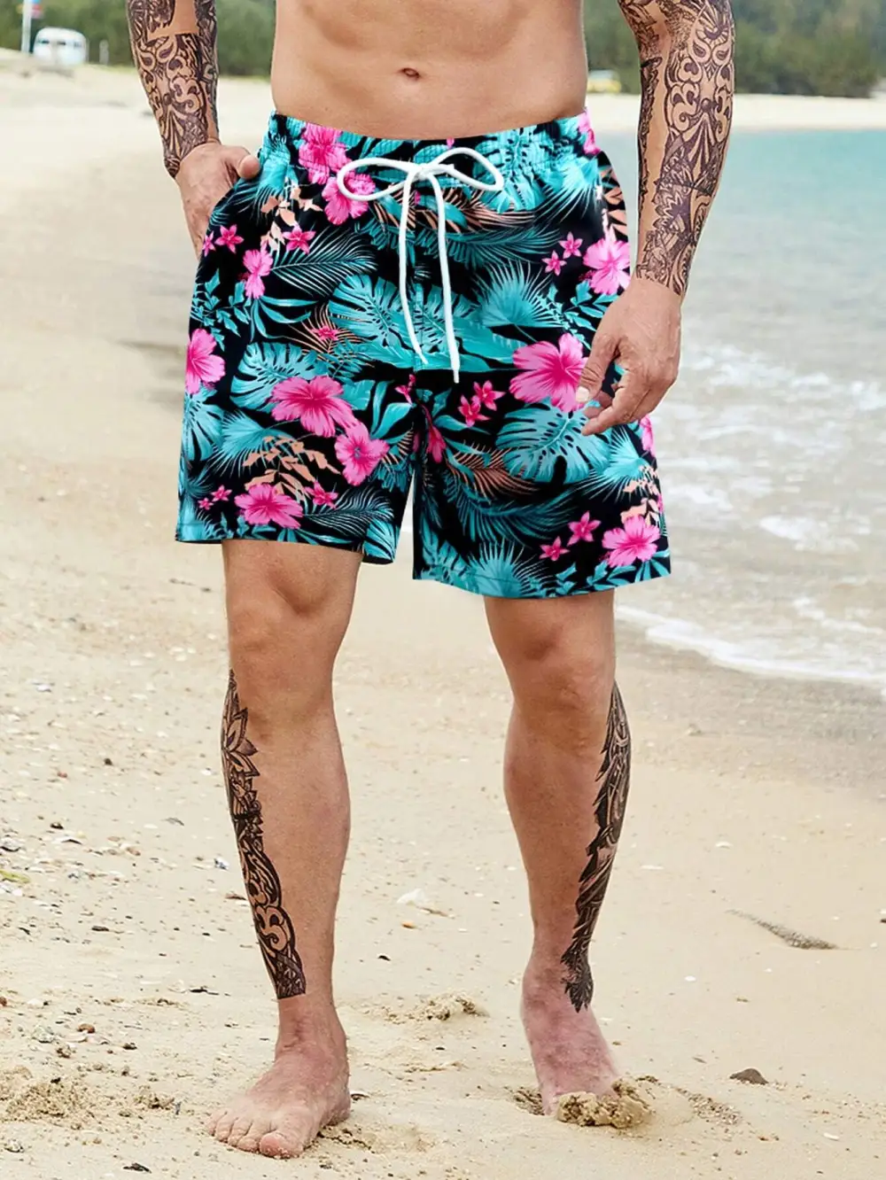Men's Coastal Tropical Allover Print Drawstring Pocket Beach Shorts