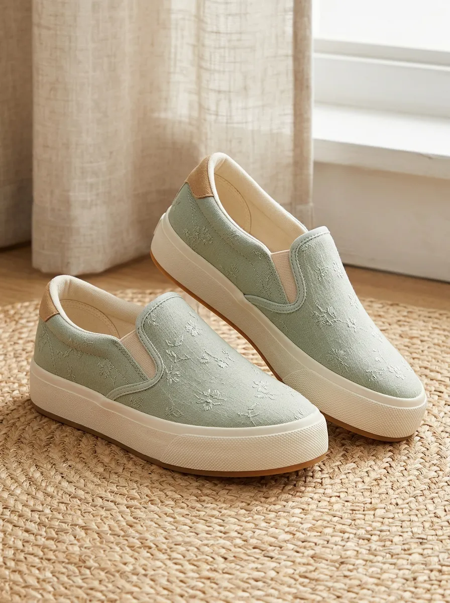 Women's Sage Green Floral Embroidered Printed Slip-on Shoes