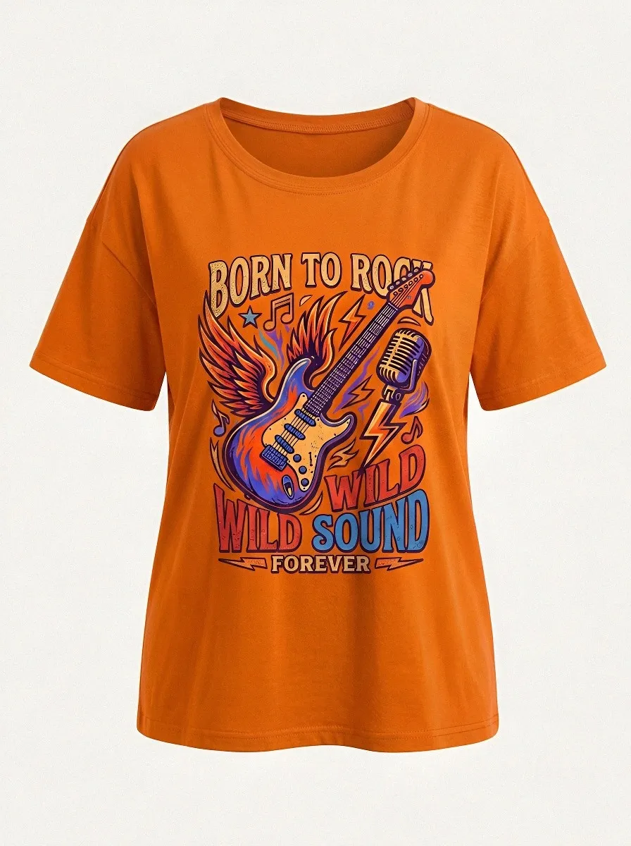 Women's Rock Music Lover Winged Guitar Microphone Printed T-shirt