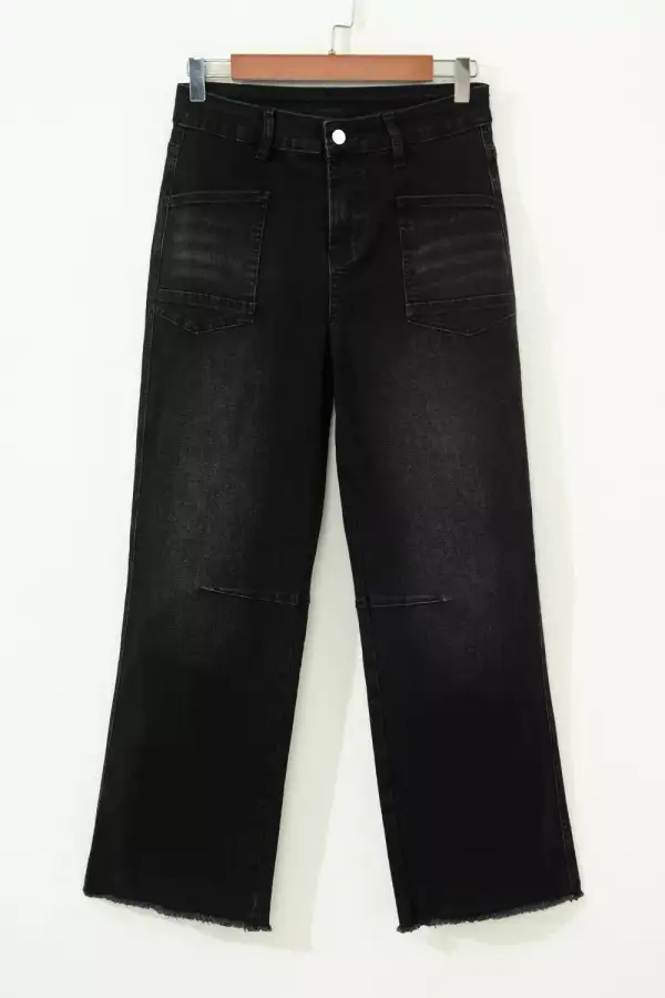 Cropped Frayed Washed Pocketed Straight Leg Jeans