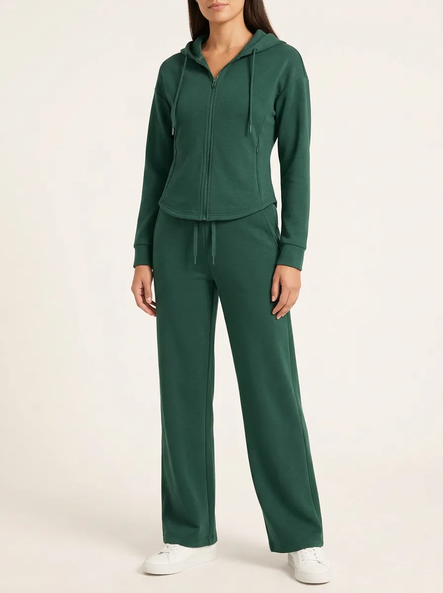 Women's Curved-Hem Zip-Up Hoodie and Wide-Leg Trouser Set