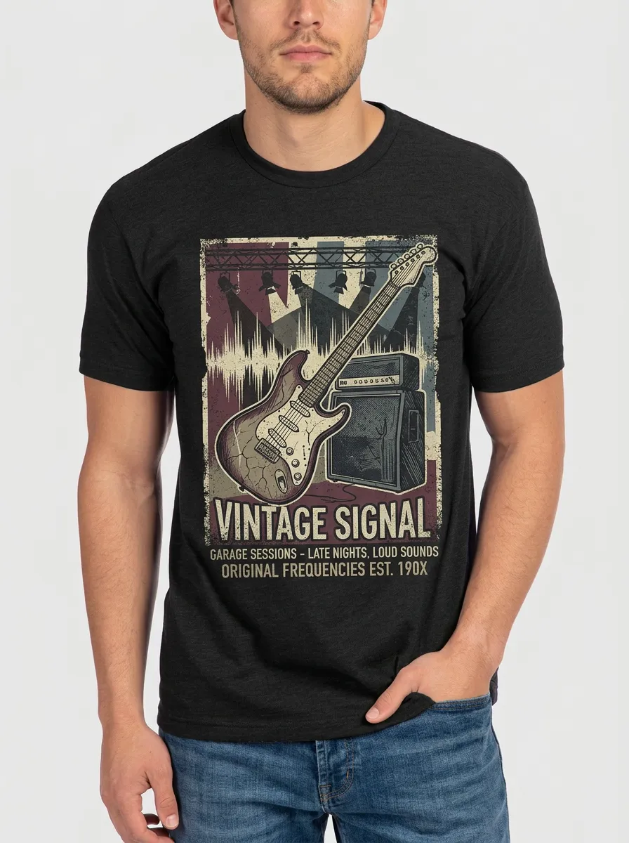 Men's Rock Music Lover Vintage Guitar Signal Printed T-shirt