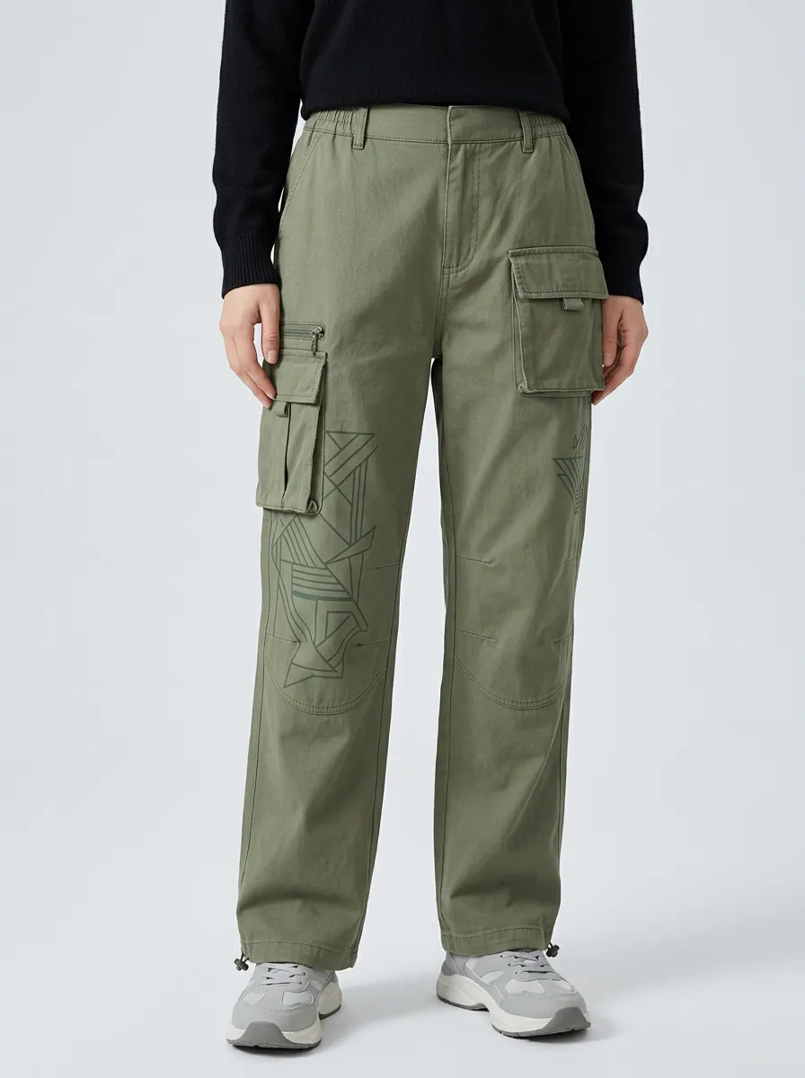 Women's Olive Green Geometric Nature Cargo Pants
