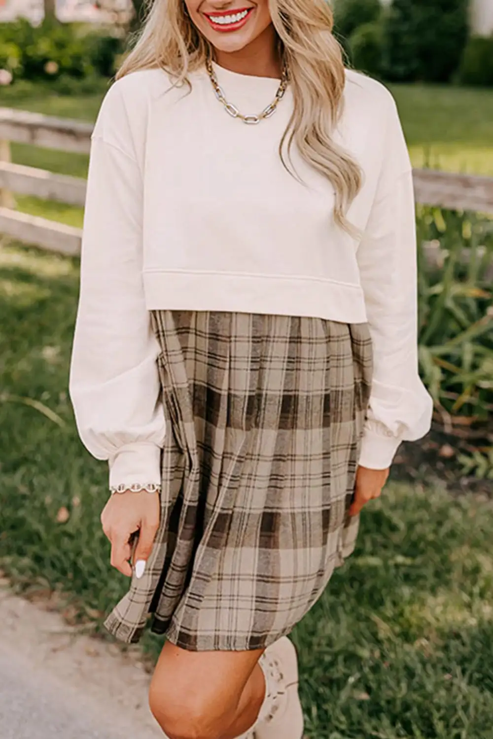 Classic Plaid Patchwork High Waist Sweatshirt Mini Dress