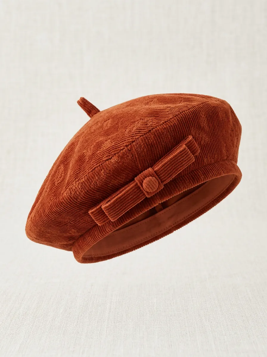 Unisex Corduroy Bow-Detail Beret