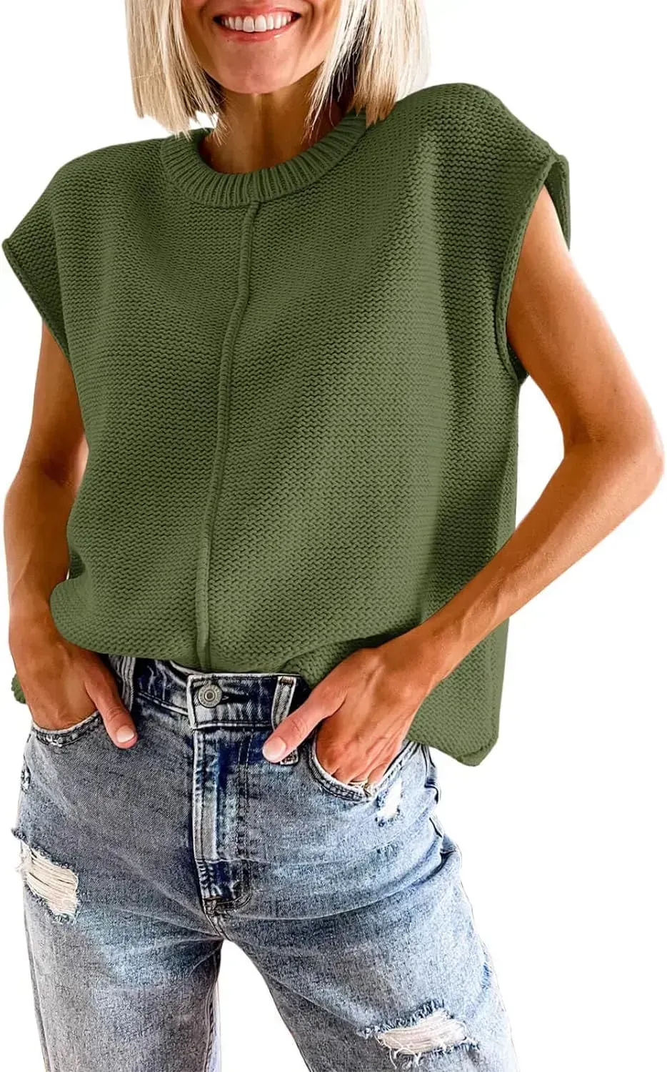 Saodimallsu Womens Summer Cap Sleeve Tops Casual Crew Neck Loose Fit Knit Lightweight Sweater Pullover Top