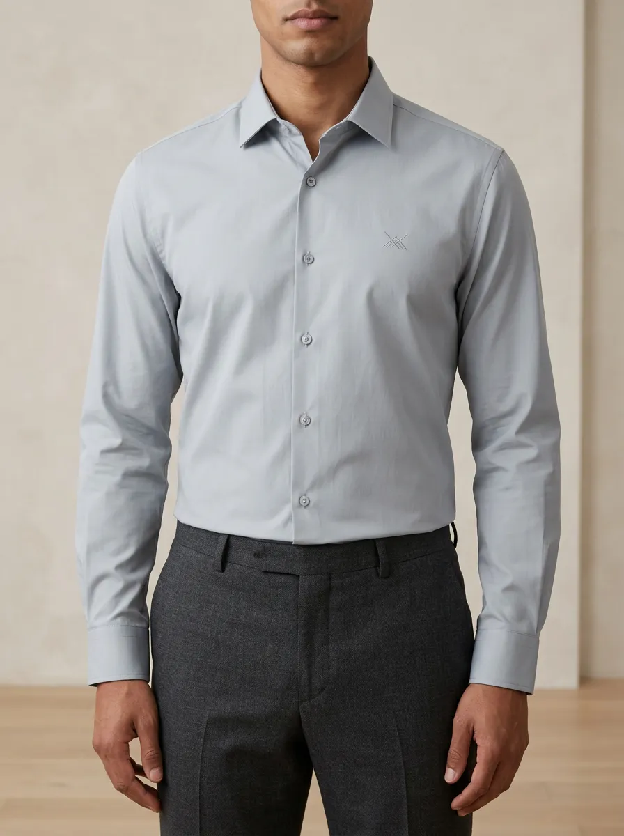 Men's Non-Iron Cotton  Logo Embroidered Long Sleeve Shirt