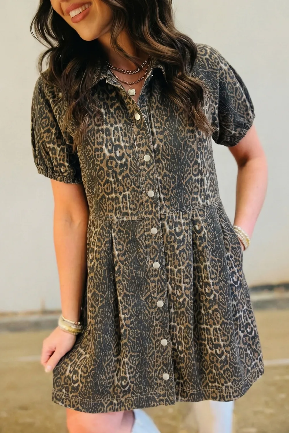 Gray Leopard Pleated Denim Dress
