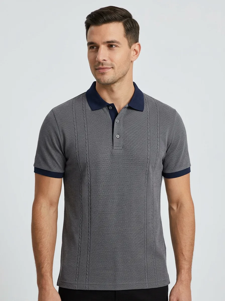 Men's Classic Comfort Cable Knit Polo Shirt
