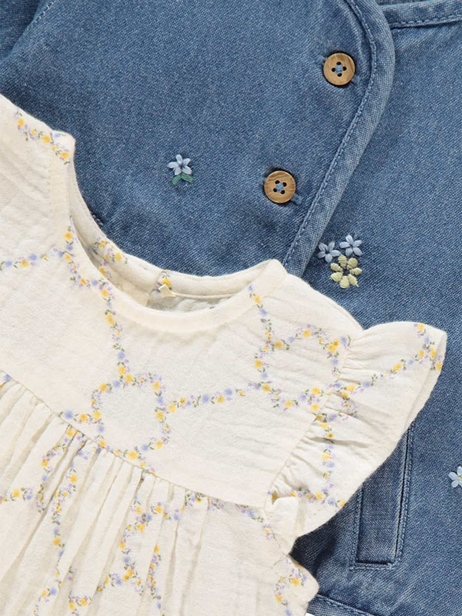 Floral Frill Shoulder Dress and Denim Jacket Outfit detail 1